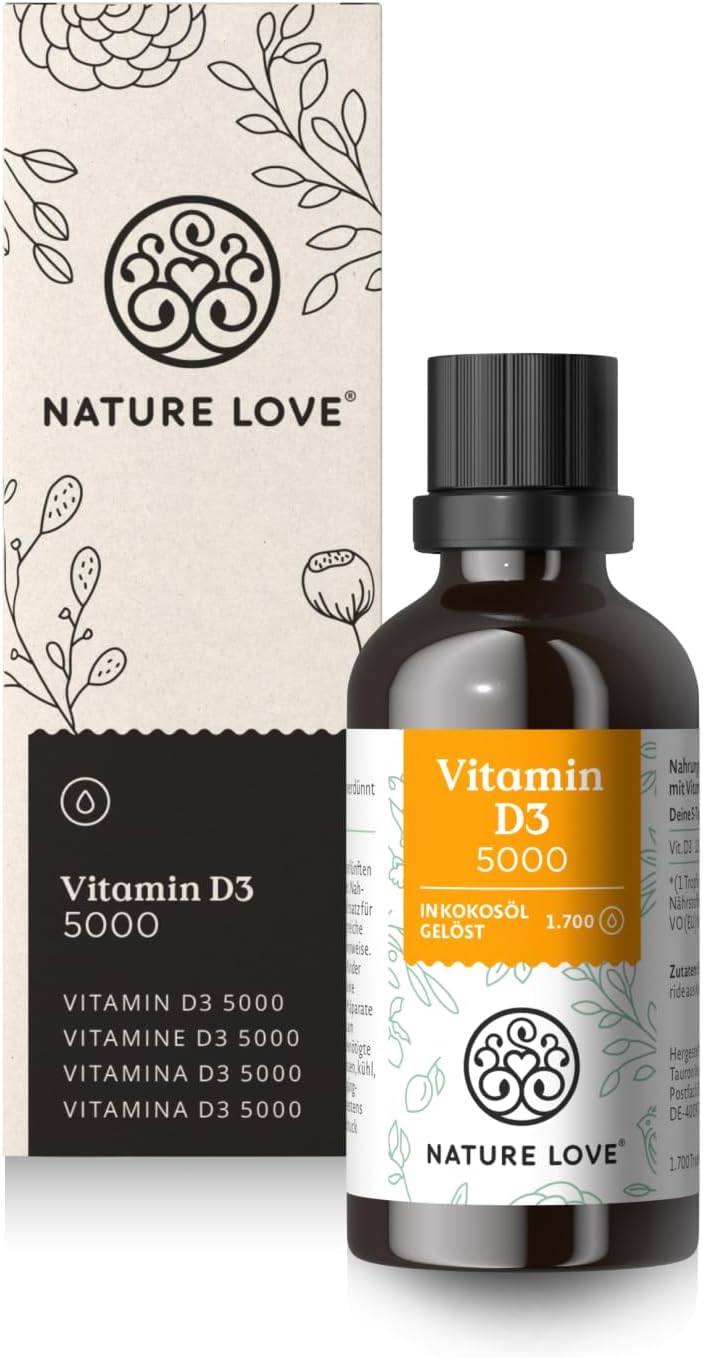 NATURE LOVE® Vitamin D3 5000 (50ml flüssig) - Laborgeprüfte 5000 I.E. pro Tropfen - in MCT-Öl aus Kokos - Vitamin D hochdosiert - hoch bioverfügbar, sehr hohe Stabilität - in Deutschland produziert