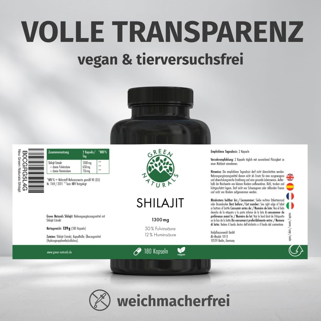 Shilajit Original Himalaya - Hochdosiert: 13.000 mg Shilajit pro Tagesdosis (10:1 Extrakt) +50% Fulvinsäure +12% Huminsäure - 3 Monate Vorrat (180 Kapseln) - Ohne Zusätze - Green Naturals®
