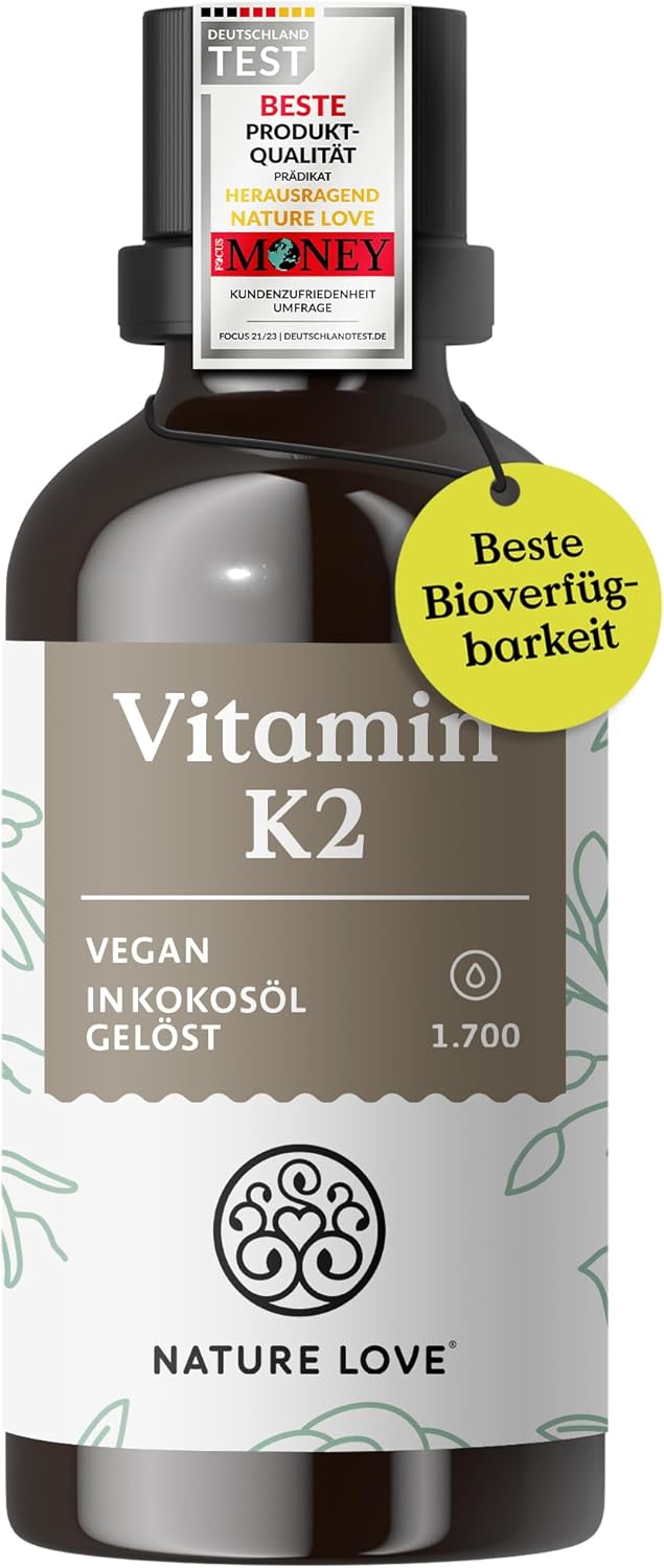 NATURE LOVE® Vitamin K2 MK7-200µg - 1700 Tropfen (50ml) - Höchster all-trans-Gehalt 99,7+% - Hochwertig: K2VITAL® von Kappa - gelöst in MCT Kokos-Öl - Hochdosiert, vegan & in Deutschland produziert