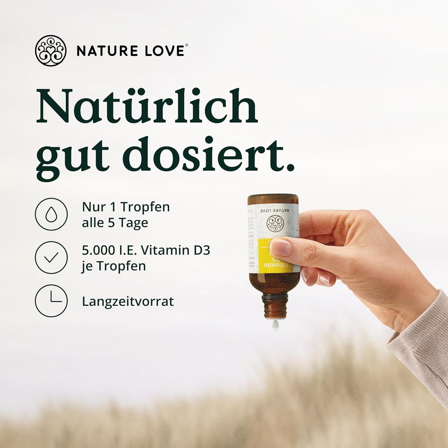 NATURE LOVE® Vitamin D3 5000 (50ml flüssig) - Laborgeprüfte 5000 I.E. pro Tropfen - in MCT-Öl aus Kokos - Vitamin D hochdosiert - hoch bioverfügbar, sehr hohe Stabilität - in Deutschland produziert