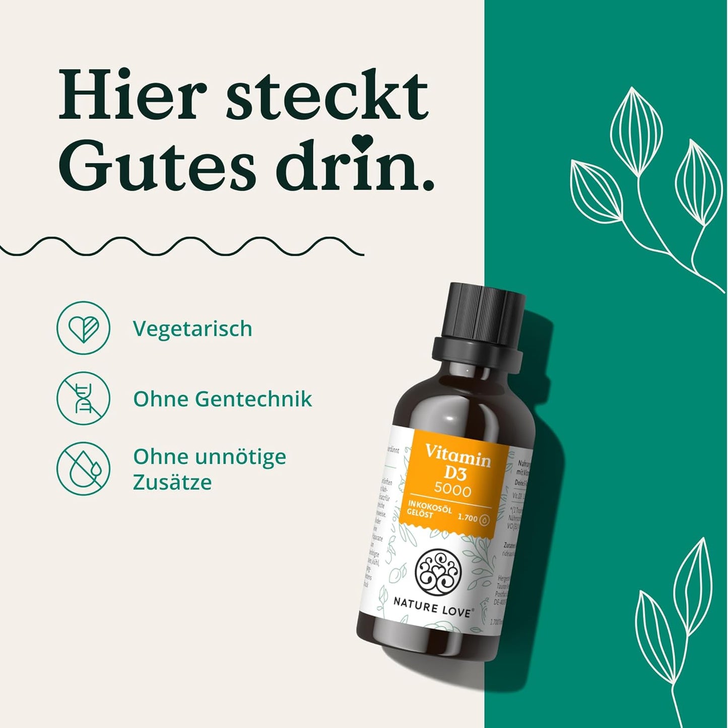 NATURE LOVE® Vitamin D3 5000 (50ml flüssig) - Laborgeprüfte 5000 I.E. pro Tropfen - in MCT-Öl aus Kokos - Vitamin D hochdosiert - hoch bioverfügbar, sehr hohe Stabilität - in Deutschland produziert