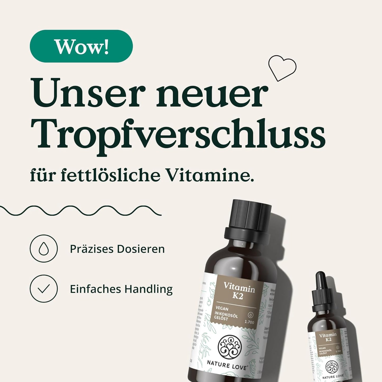 NATURE LOVE® Vitamin K2 MK7-200µg - 1700 Tropfen (50ml) - Höchster all-trans-Gehalt 99,7+% - Hochwertig: K2VITAL® von Kappa - gelöst in MCT Kokos-Öl - Hochdosiert, vegan & in Deutschland produziert