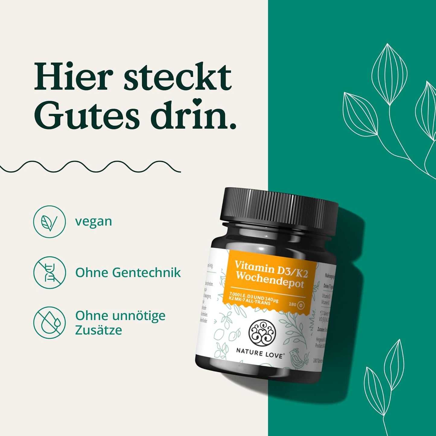 Vitamin D3 K2 Wochendepot - 180 vegane Tabletten - 7000IE D3 + 140µg K2 pro Tablette mit >99,7% all-trans - Hochdosiert & vegan - Laborgeprüft, in Deutschland produziert
