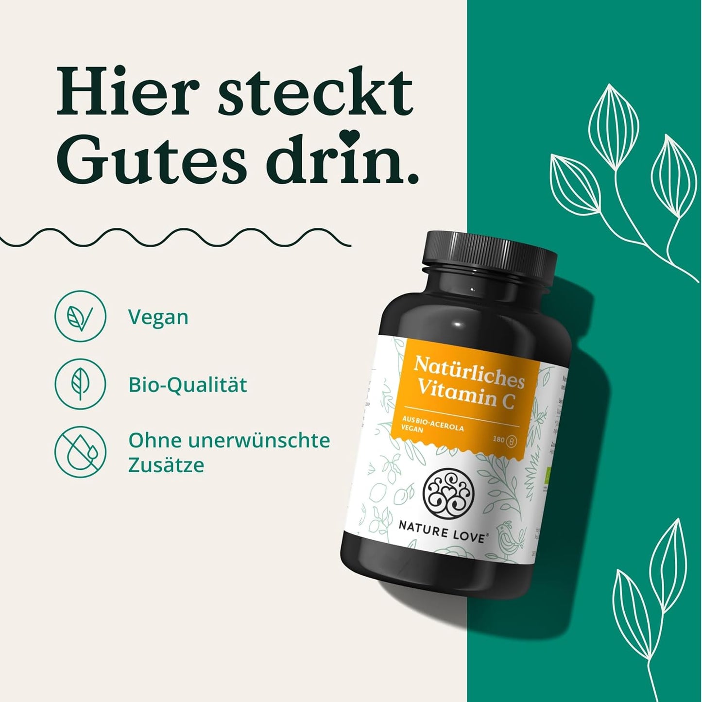 NATURE LOVE® Natürliches Vitamin C aus Bio Acerola Extrakt - Hochdosiert - Beste Bioverfügbarkeit - 180 Kapseln - Immunsystem - oxidativer Stress - laborgeprüft, vegan und in Deutschland produziert