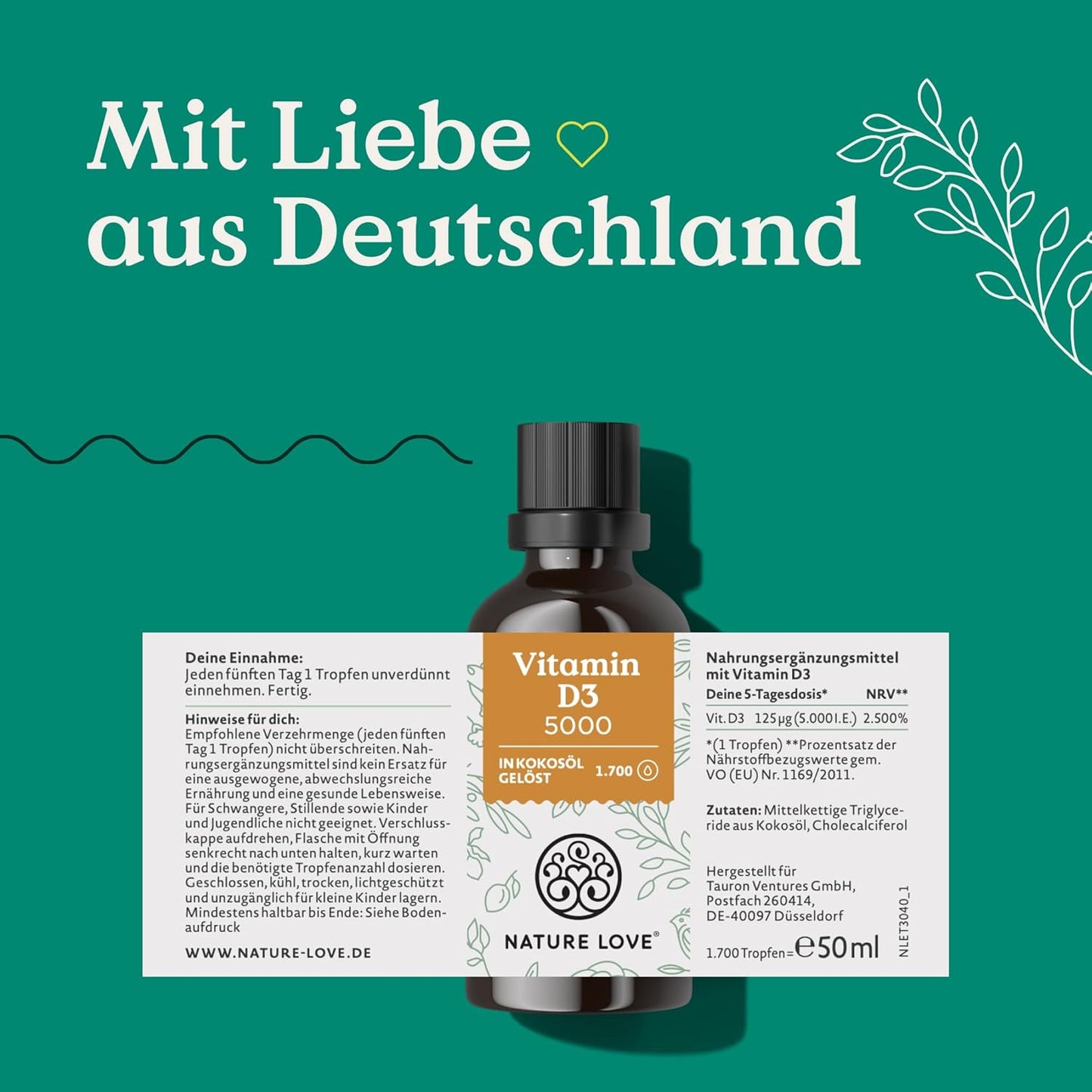 NATURE LOVE® Vitamin D3 5000 (50ml flüssig) - Laborgeprüfte 5000 I.E. pro Tropfen - in MCT-Öl aus Kokos - Vitamin D hochdosiert - hoch bioverfügbar, sehr hohe Stabilität - in Deutschland produziert