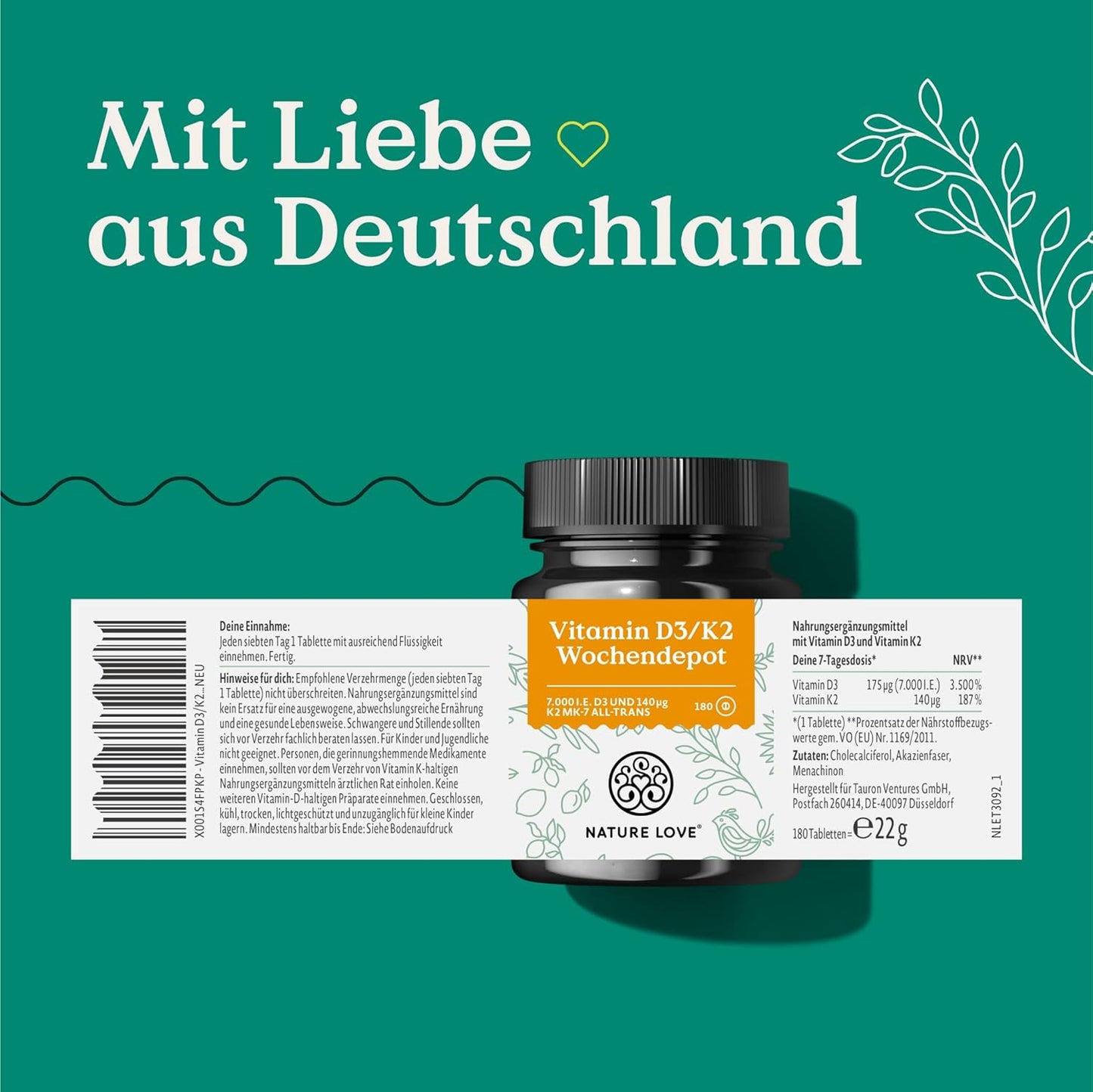 Vitamin D3 K2 Wochendepot - 180 vegane Tabletten - 7000IE D3 + 140µg K2 pro Tablette mit >99,7% all-trans - Hochdosiert & vegan - Laborgeprüft, in Deutschland produziert