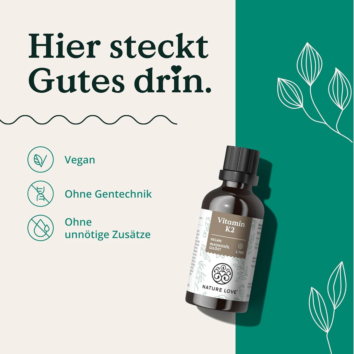 NATURE LOVE® Vitamin K2 MK7-200µg - 1700 Tropfen (50ml) - Höchster all-trans-Gehalt 99,7+% - Hochwertig: K2VITAL® von Kappa - gelöst in MCT Kokos-Öl - Hochdosiert, vegan & in Deutschland produziert