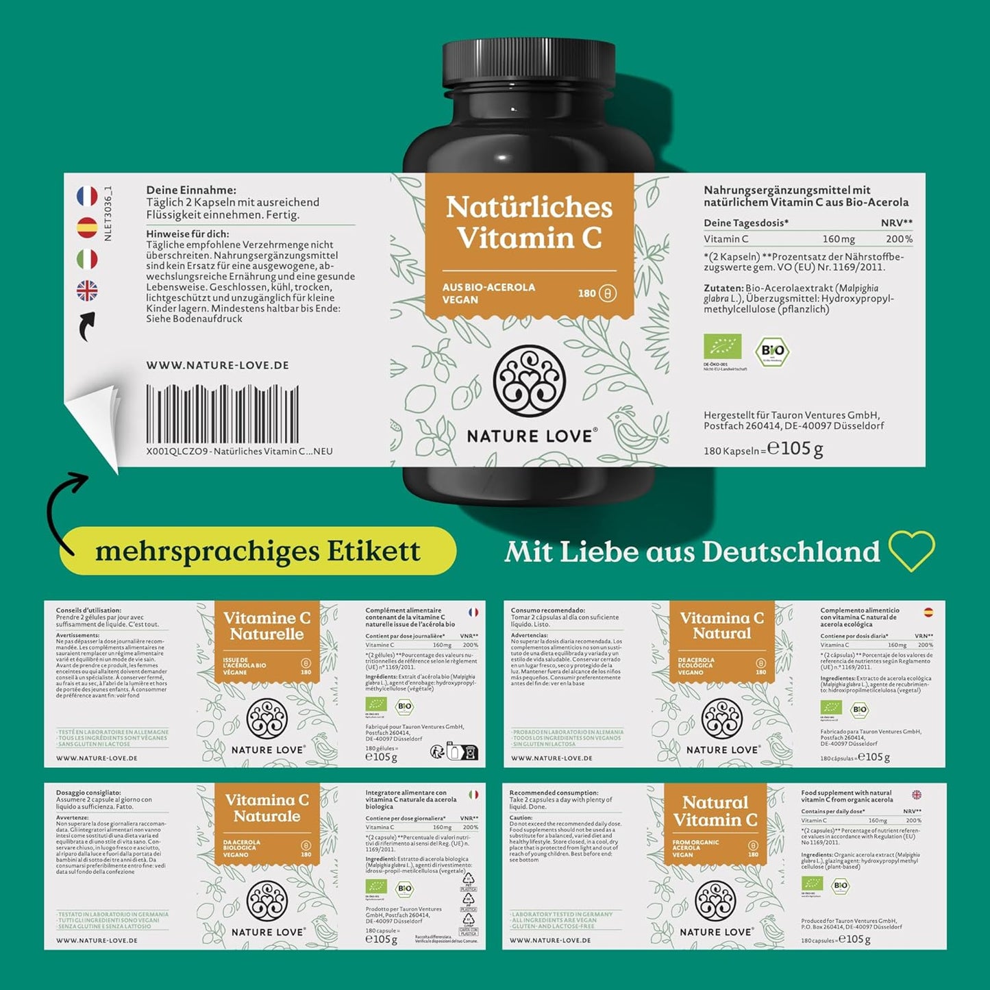 NATURE LOVE® Natürliches Vitamin C aus Bio Acerola Extrakt - Hochdosiert - Beste Bioverfügbarkeit - 180 Kapseln - Immunsystem - oxidativer Stress - laborgeprüft, vegan und in Deutschland produziert