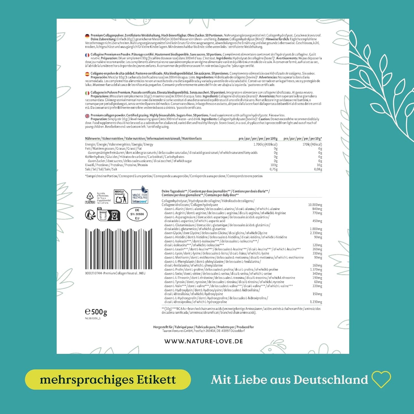 NATURE LOVE® Premium Collagen Pulver mit Hyaluronsäure und Elastin - 500g Kollagen - Peptide Type 1 und 3 - geschmacksneutral - Kollagen von Rindern aus Weidehaltung - laborgeprüft