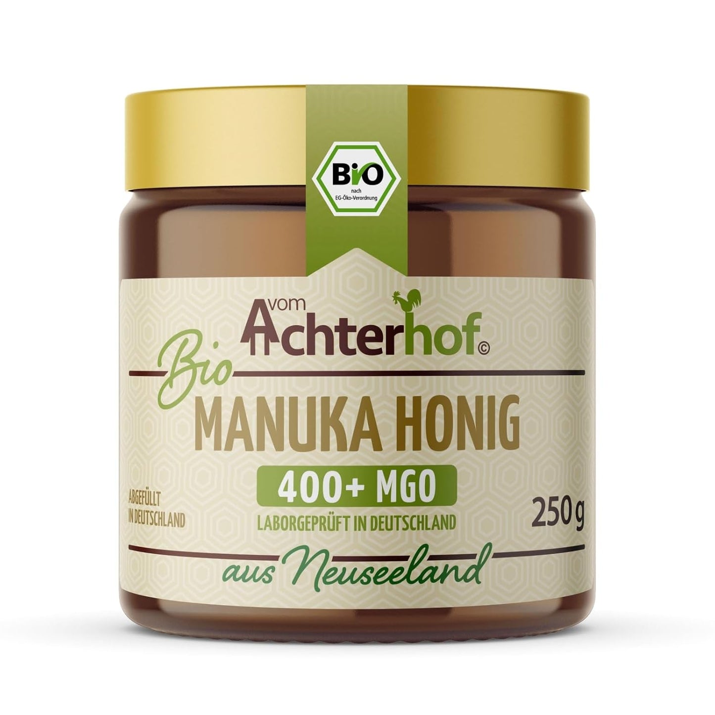 Bio Manuka Honig | 250g | 100% BIO | mit 400+ MGO | in Deutschland laborgeprüfter Methylglyoxal Wert | reines Naturprodukt aus Neuseeland | aus ethischer Imkerei | vom Achterhof
