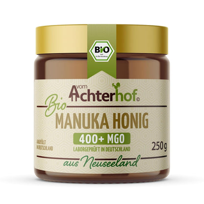 Bio Manuka Honig | 250g | 100% BIO | mit 400+ MGO | in Deutschland laborgeprüfter Methylglyoxal Wert | reines Naturprodukt aus Neuseeland | aus ethischer Imkerei | vom Achterhof