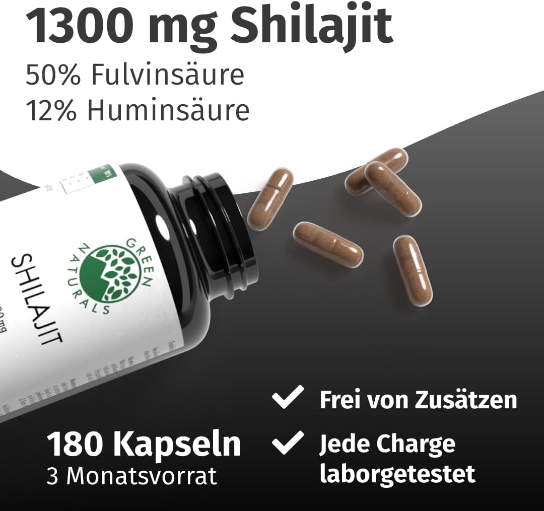 Shilajit Original Himalaya - Hochdosiert: 13.000 mg Shilajit pro Tagesdosis (10:1 Extrakt) +50% Fulvinsäure +12% Huminsäure - 3 Monate Vorrat (180 Kapseln) - Ohne Zusätze - Green Naturals®