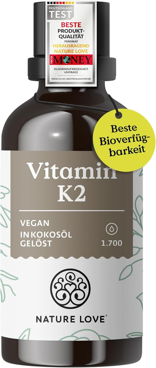NATURE LOVE® Vitamin K2 MK7-200µg - 1700 Tropfen (50ml) - Höchster all-trans-Gehalt 99,7+% - Hochwertig: K2VITAL® von Kappa - gelöst in MCT Kokos-Öl - Hochdosiert, vegan & in Deutschland produziert