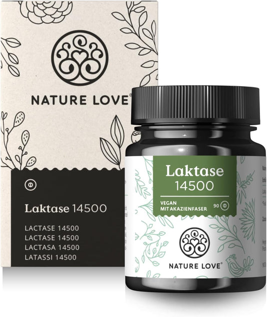 NATURE LOVE® Laktasetabletten – 90 Tabletten – Hochdosiert mit 14500 FCC – mit Akazienfaser ohne synthetische Zusätze, vegan – laborgeprüfte Lactase Tabletten, in Deutschland produziert