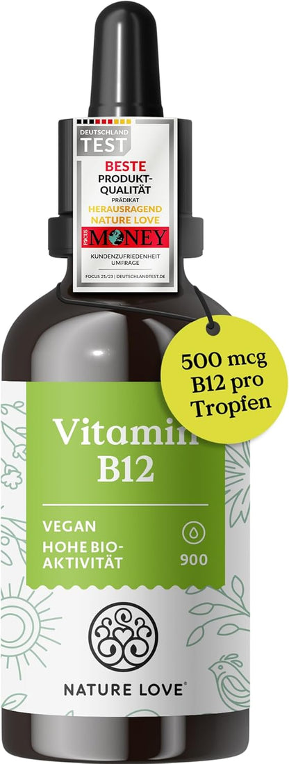 NATURE LOVE® Vitamin B12 Tropfen Vegan (900 Tropfen, 50ml flüssig). B12 duo-aktiv: Methyl- & Adenosylcobalamin. Hoch bioverfügbar, laborgeprüft, ohne Zusätze, in Deutschland produziert