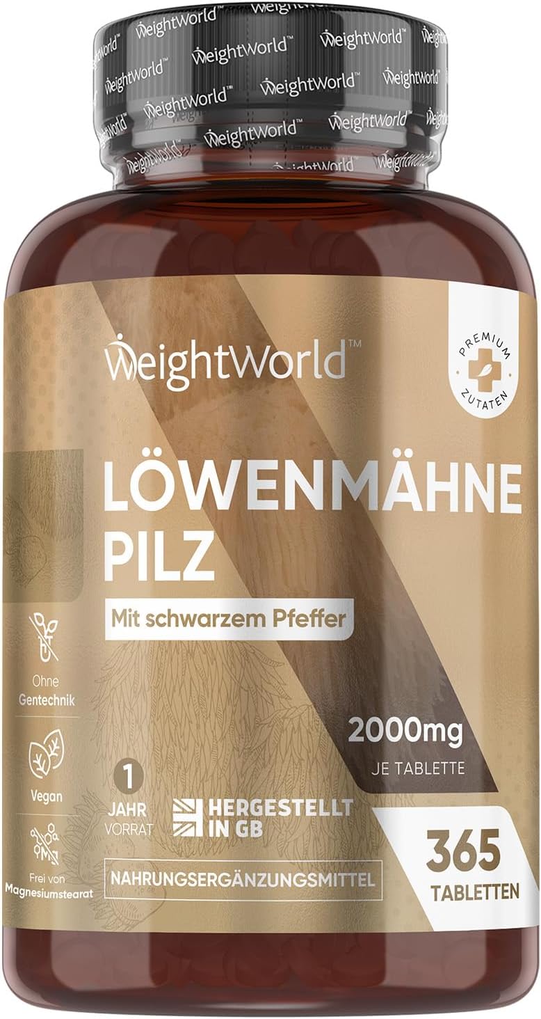 Löwenmähne Pilz 365 Tabletten - 2000mg je Tablette - Lions Mane Mushroom (Hericium Erinaceus) - 25:1 Extrakt mit Schwarzer Pfeffer 30mg - 1 Jahr Vorrat - WeightWorld