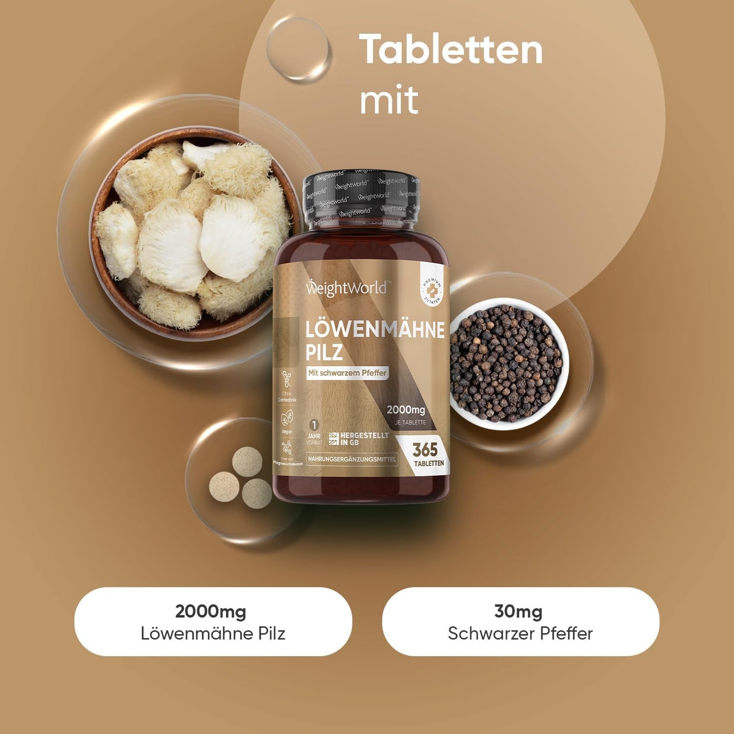 Löwenmähne Pilz 365 Tabletten - 2000mg je Tablette - Lions Mane Mushroom (Hericium Erinaceus) - 25:1 Extrakt mit Schwarzer Pfeffer 30mg - 1 Jahr Vorrat - WeightWorld