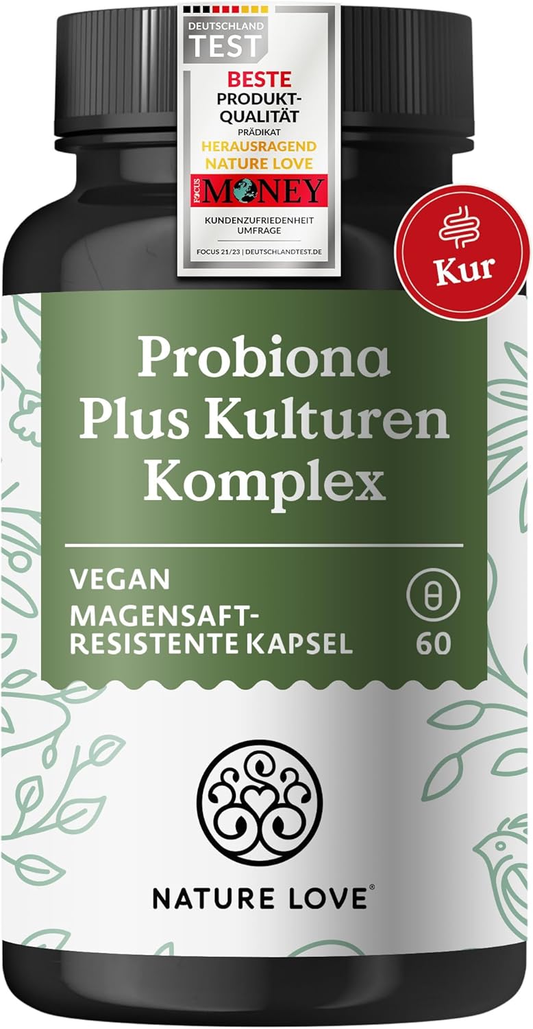 NATURE LOVE® Probiona PLUS - 120 Mrd KBE je Tagesdosis (hochdosiert) - 20 Bakterienstämme + Bio Inulin - 60 magensaftresistente Kapseln - vegan, entwickelt in Deutschland, Markenrohstoff aus Italien