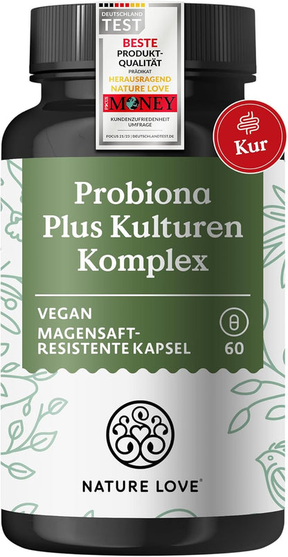 NATURE LOVE® Probiona PLUS - 120 Mrd KBE je Tagesdosis (hochdosiert) - 20 Bakterienstämme + Bio Inulin - 60 magensaftresistente Kapseln - vegan, entwickelt in Deutschland, Markenrohstoff aus Italien