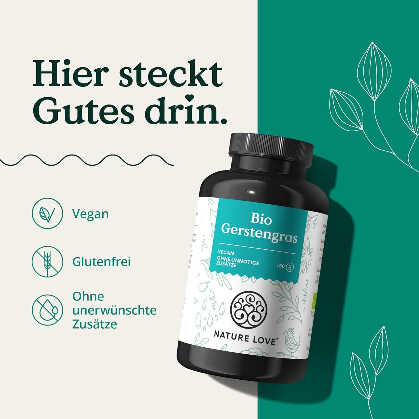 NATURE LOVE® Bio Gerstengras - 1500 mg je Tagesdosis - aus deutschem Anbau - 180 Kapseln - Hochdosiert, laborgeprüft, zertifiziert Bio, in Deutschland produziert
