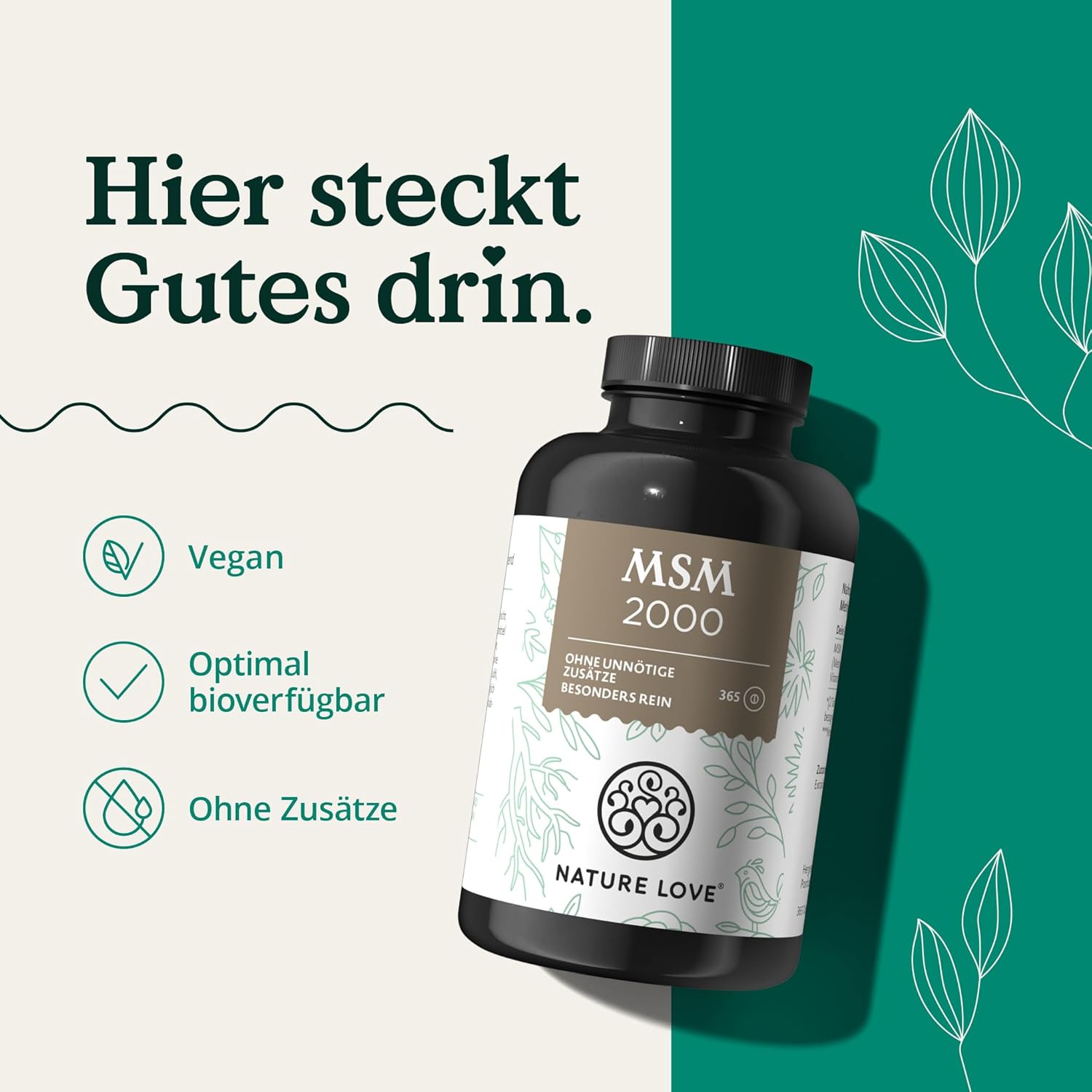 NATURE LOVE® MSM 2000mg mit Vitamin C - 365 laborgeprüfte Tabletten - Kompakteres MSM Pulver als bei Kapseln - Ohne Zusätze, hochdosiert, vegan, in Deutschland produziert