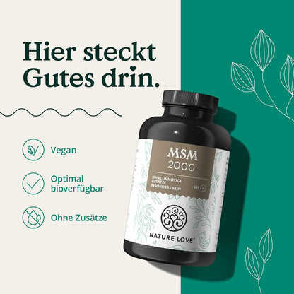NATURE LOVE® MSM 2000mg mit Vitamin C - 365 laborgeprüfte Tabletten - Kompakteres MSM Pulver als bei Kapseln - Ohne Zusätze, hochdosiert, vegan, in Deutschland produziert