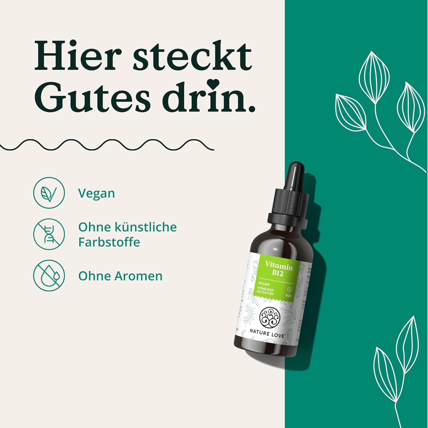 NATURE LOVE® Vitamin B12 Tropfen Vegan (900 Tropfen, 50ml flüssig). B12 duo-aktiv: Methyl- & Adenosylcobalamin. Hoch bioverfügbar, laborgeprüft, ohne Zusätze, in Deutschland produziert