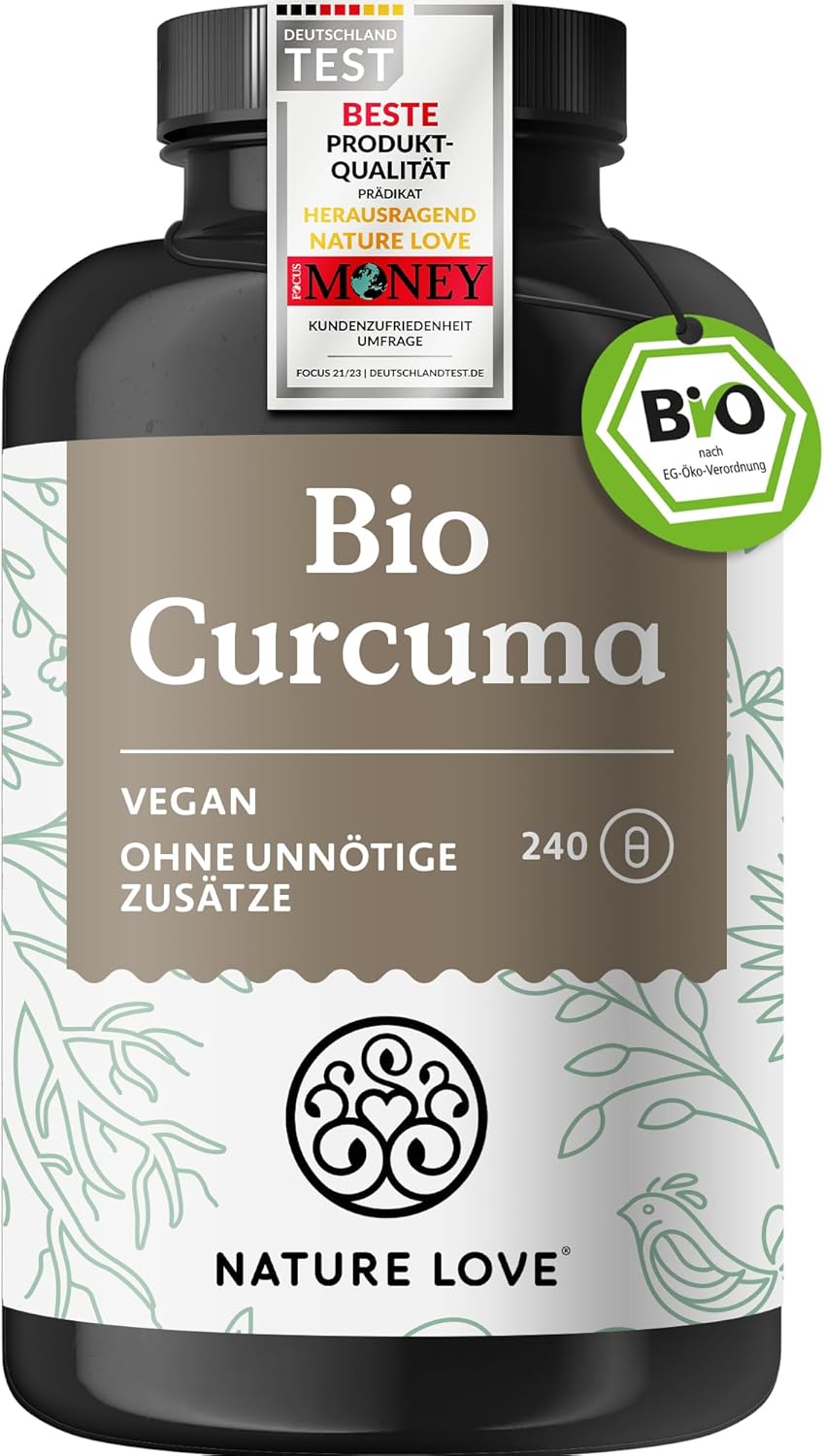 NATURE LOVE Bio Curcuma - 240 Kapseln - mit Curcumin aus Kurkuma und Piperin aus schwarzem Pfeffer - hochdosiert, vegan, laborgeprüft und in Deutschland hergestellt