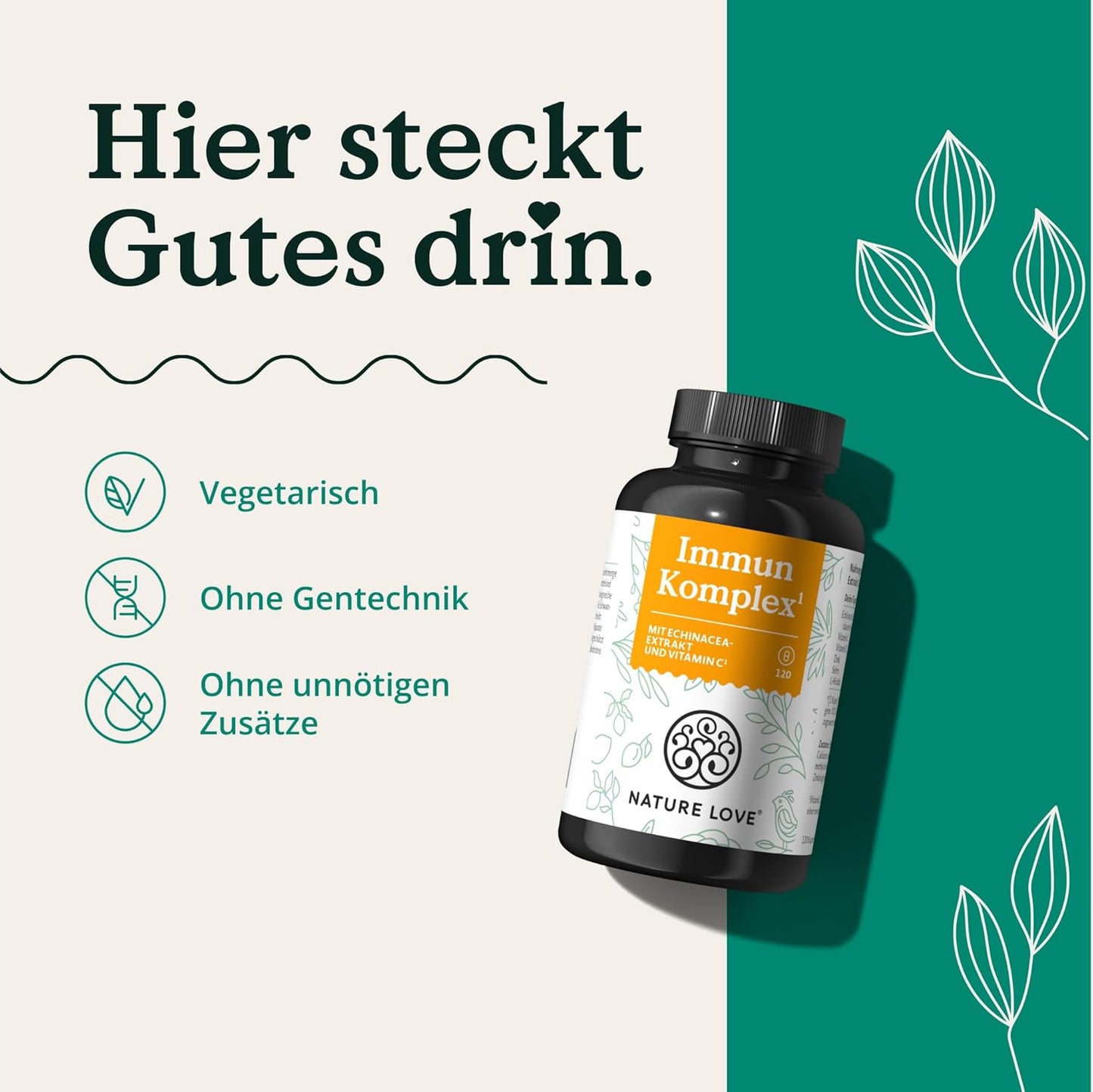 NATURE LOVE® Immun Komplex - 120 Kapseln - 4 Monate Reichweite - mit Echinacea-Extrakt, Vitamin C & D, Zink, Selen und Histidin - Immunsystem unterstützen* - hochdosiert, laborgeprüft aus Deutschland