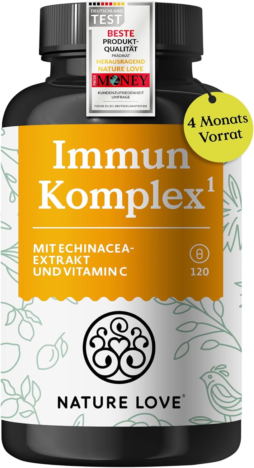 NATURE LOVE® Immun Komplex - 120 Kapseln - 4 Monate Reichweite - mit Echinacea-Extrakt, Vitamin C & D, Zink, Selen und Histidin - Immunsystem unterstützen* - hochdosiert, laborgeprüft aus Deutschland