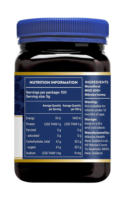Manuka Health - Manuka Honig MGO 400+ 500g, hergestellt und abgefüllt in Neuseeland mit zertifiziertem Methylglyoxal Gehalt, natürlicher Manuka Honig von der Manukapflanze, 100% Manuka, vegetarisch