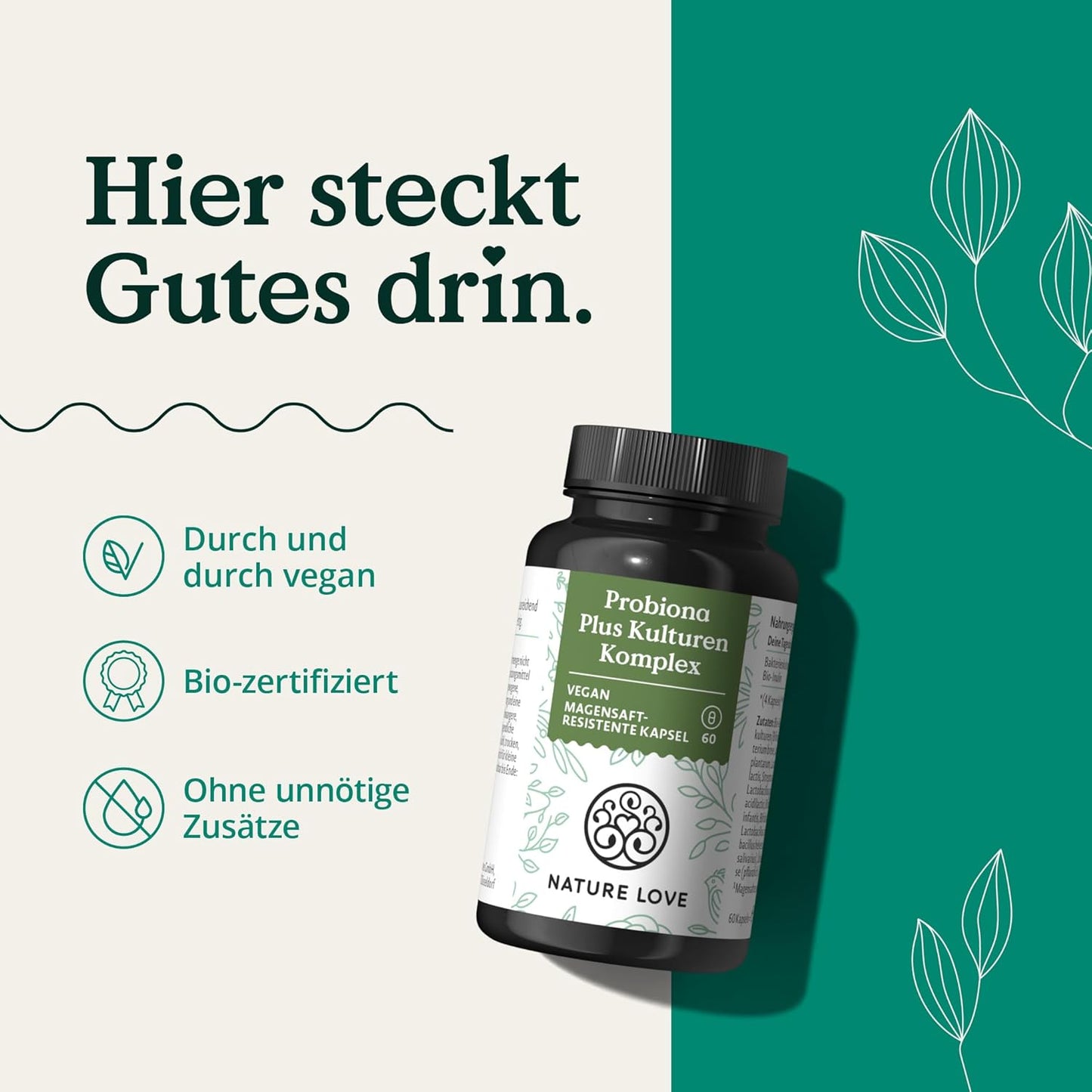 NATURE LOVE® Probiona PLUS - 120 Mrd KBE je Tagesdosis (hochdosiert) - 20 Bakterienstämme + Bio Inulin - 60 magensaftresistente Kapseln - vegan, entwickelt in Deutschland, Markenrohstoff aus Italien