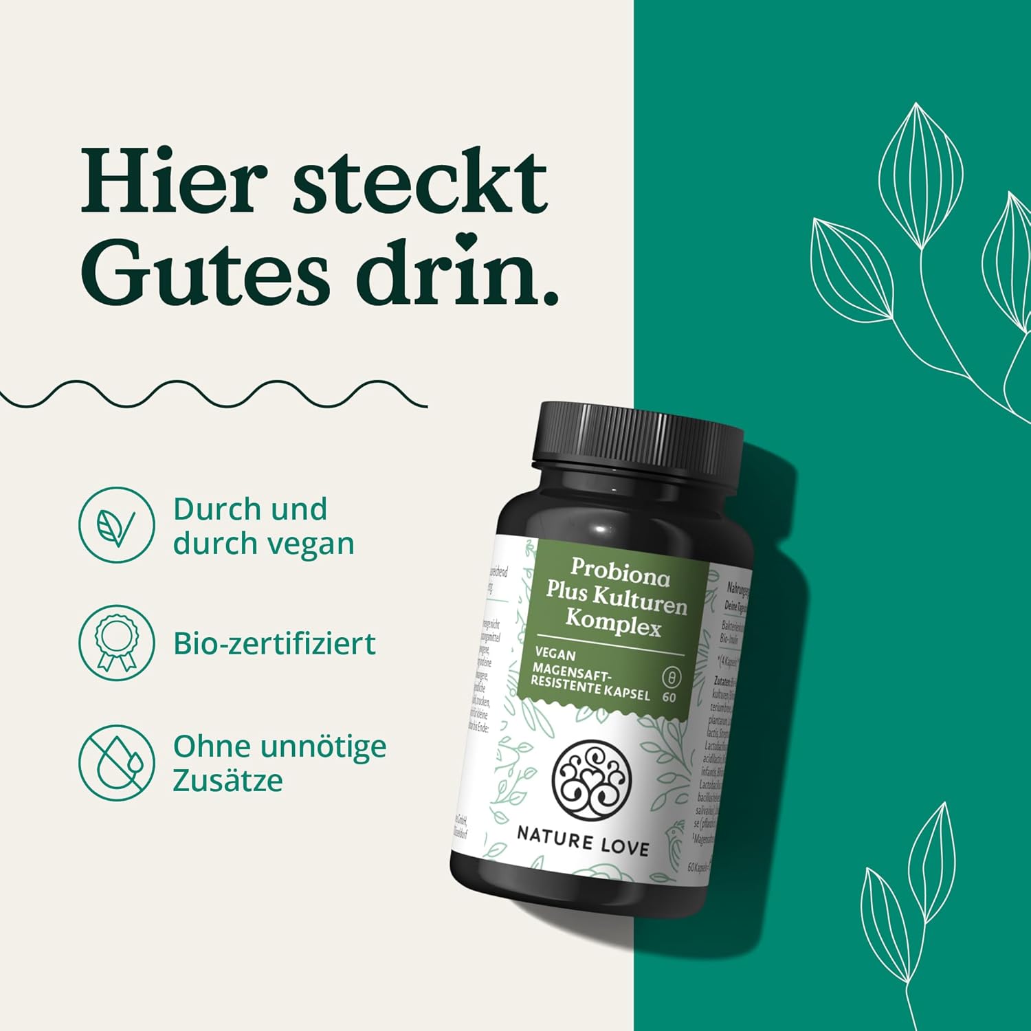 NATURE LOVE® Probiona PLUS - 120 Mrd KBE je Tagesdosis (hochdosiert) - 20 Bakterienstämme + Bio Inulin - 60 magensaftresistente Kapseln - vegan, entwickelt in Deutschland, Markenrohstoff aus Italien
