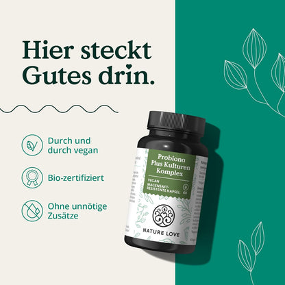 NATURE LOVE® Probiona PLUS - 120 Mrd KBE je Tagesdosis (hochdosiert) - 20 Bakterienstämme + Bio Inulin - 60 magensaftresistente Kapseln - vegan, entwickelt in Deutschland, Markenrohstoff aus Italien