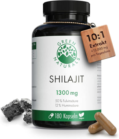 Shilajit Original Himalaya - Hochdosiert: 13.000 mg Shilajit pro Tagesdosis (10:1 Extrakt) +50% Fulvinsäure +12% Huminsäure - 3 Monate Vorrat (180 Kapseln) - Ohne Zusätze - Green Naturals®