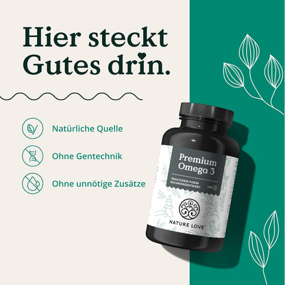 Nature Love Premium Omega 3 NEU - 120 Kapseln - 1000mg Fischöl pro Kapsel mit 80% Omega 3 Anteil (EPA & DHA) - Hochdosiert und hoch bioverfübar durch Triglycerid-Form - aus nachhaltigem Fischfang