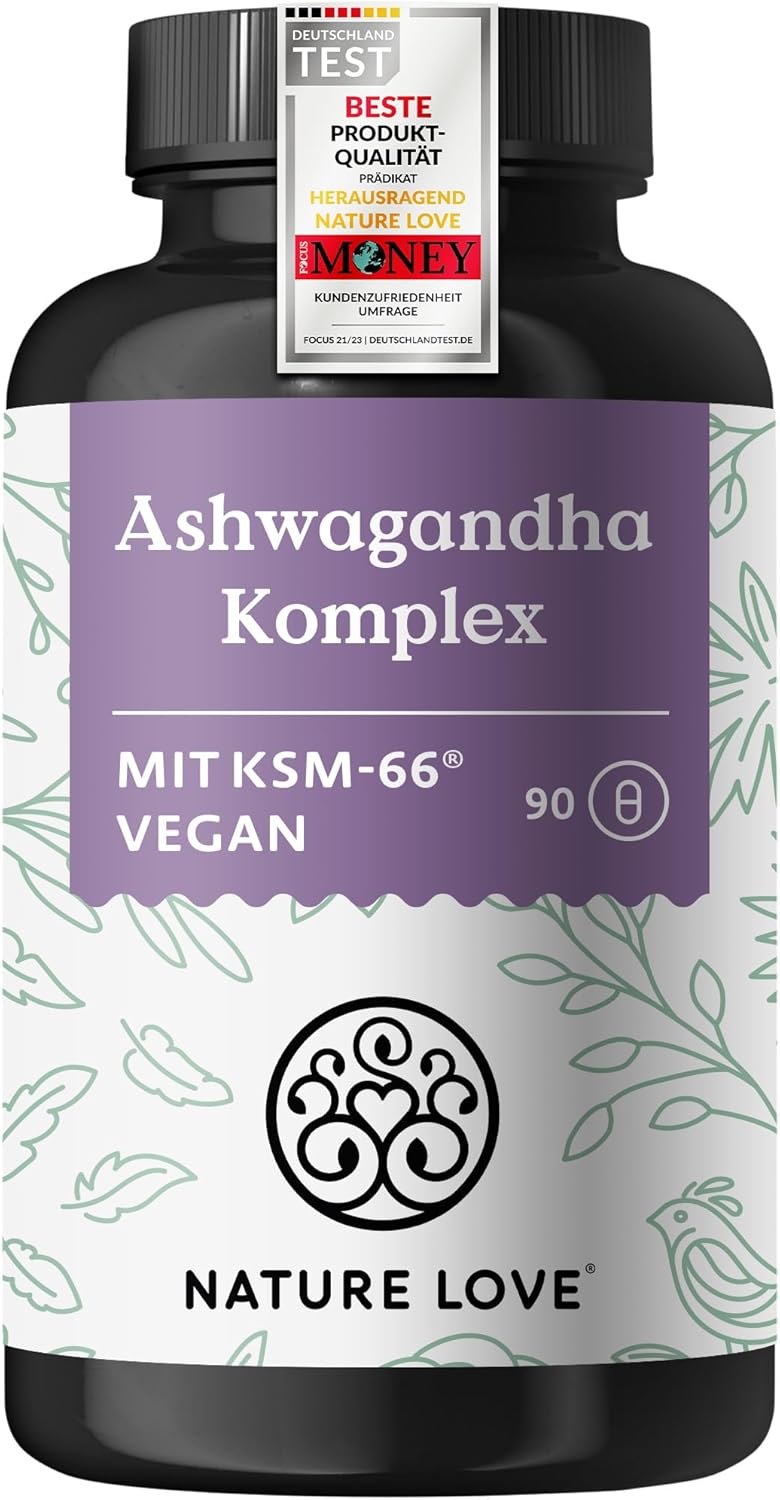 NATURE LOVE® Ashwagandha Komplex – 600mg Ashwagandha pro Tagesdosis – 90 Kapseln – mit KSM-66, Magnesium, Folsäure und Vitamin C und B6 – hochdosiert & vegan – in Deutschland produziert