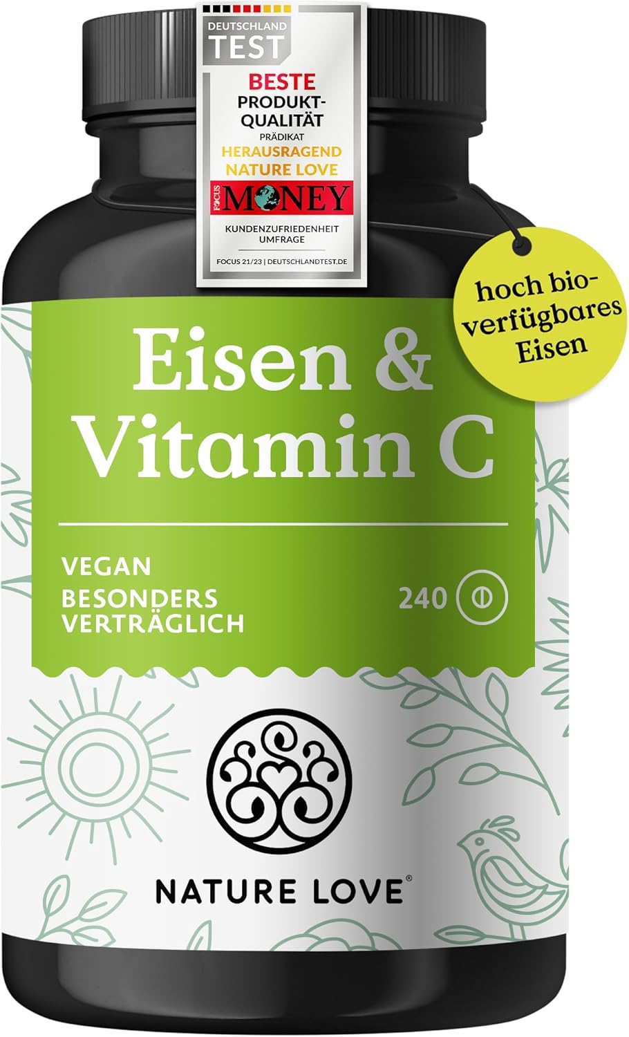 NATURE LOVE® Eisentabletten mit Vitamin C - 240 Stück - 20mg Eisen und 40mg Vitamin C pro Tablette - Hoch bioverfügbares Eisen-bisglycinat (Eisen-Chelat) - vegan, in Deutschland produziert