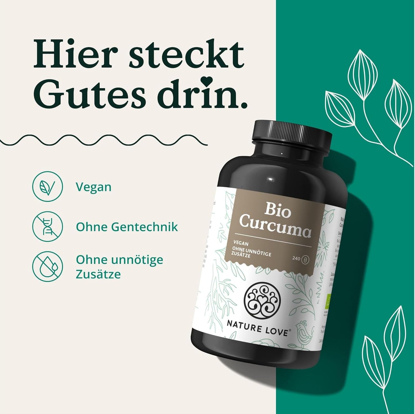 NATURE LOVE Bio Curcuma - 240 Kapseln - mit Curcumin aus Kurkuma und Piperin aus schwarzem Pfeffer - hochdosiert, vegan, laborgeprüft und in Deutschland hergestellt