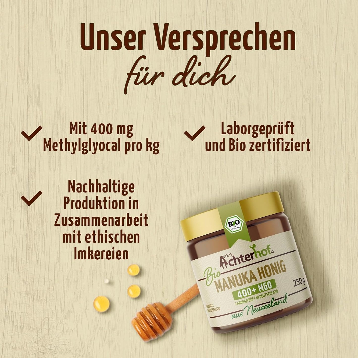 Bio Manuka Honig | 250g | 100% BIO | mit 400+ MGO | in Deutschland laborgeprüfter Methylglyoxal Wert | reines Naturprodukt aus Neuseeland | aus ethischer Imkerei | vom Achterhof