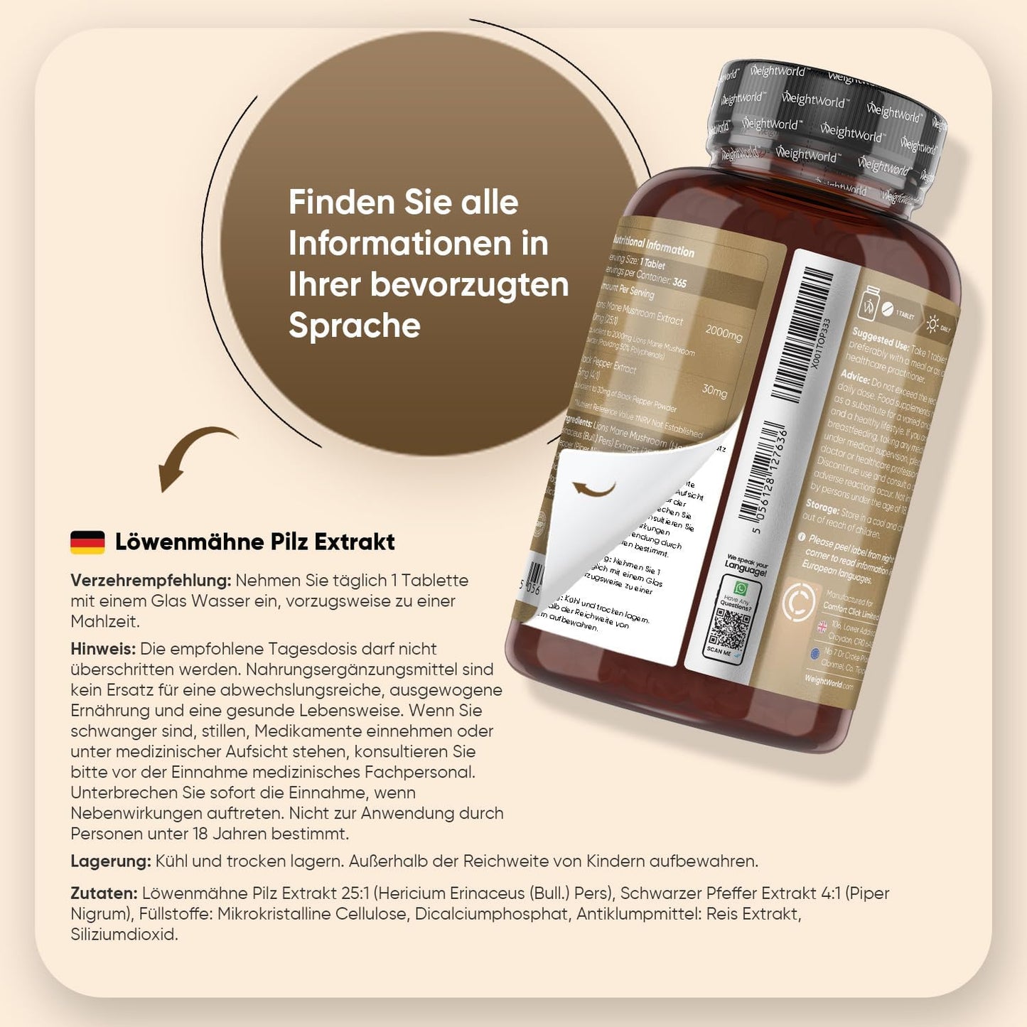 Löwenmähne Pilz 365 Tabletten - 2000mg je Tablette - Lions Mane Mushroom (Hericium Erinaceus) - 25:1 Extrakt mit Schwarzer Pfeffer 30mg - 1 Jahr Vorrat - WeightWorld