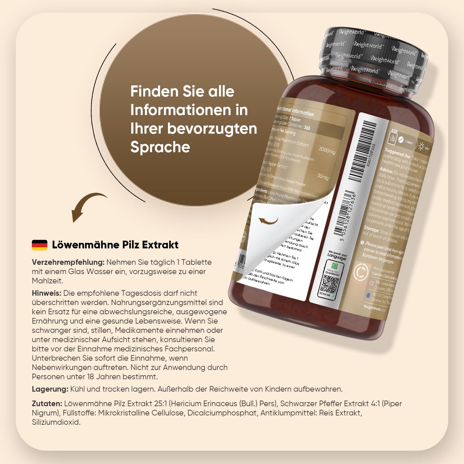 Löwenmähne Pilz 365 Tabletten - 2000mg je Tablette - Lions Mane Mushroom (Hericium Erinaceus) - 25:1 Extrakt mit Schwarzer Pfeffer 30mg - 1 Jahr Vorrat - WeightWorld