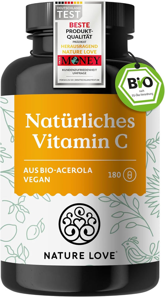 NATURE LOVE® Natürliches Vitamin C aus Bio Acerola Extrakt - Hochdosiert - Beste Bioverfügbarkeit - 180 Kapseln - Immunsystem - oxidativer Stress - laborgeprüft, vegan und in Deutschland produziert