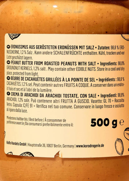 KoRo - Gesalzenes Erdnussmus 500 g - Vegan - Nussmus aus gerösteten Erdnüssen und einer Prise Salz - Ohne Palmöl und ohne Zuckerzusatz* - Proteinquelle