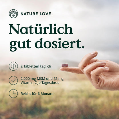 NATURE LOVE® MSM 2000mg mit Vitamin C - 365 laborgeprüfte Tabletten - Kompakteres MSM Pulver als bei Kapseln - Ohne Zusätze, hochdosiert, vegan, in Deutschland produziert