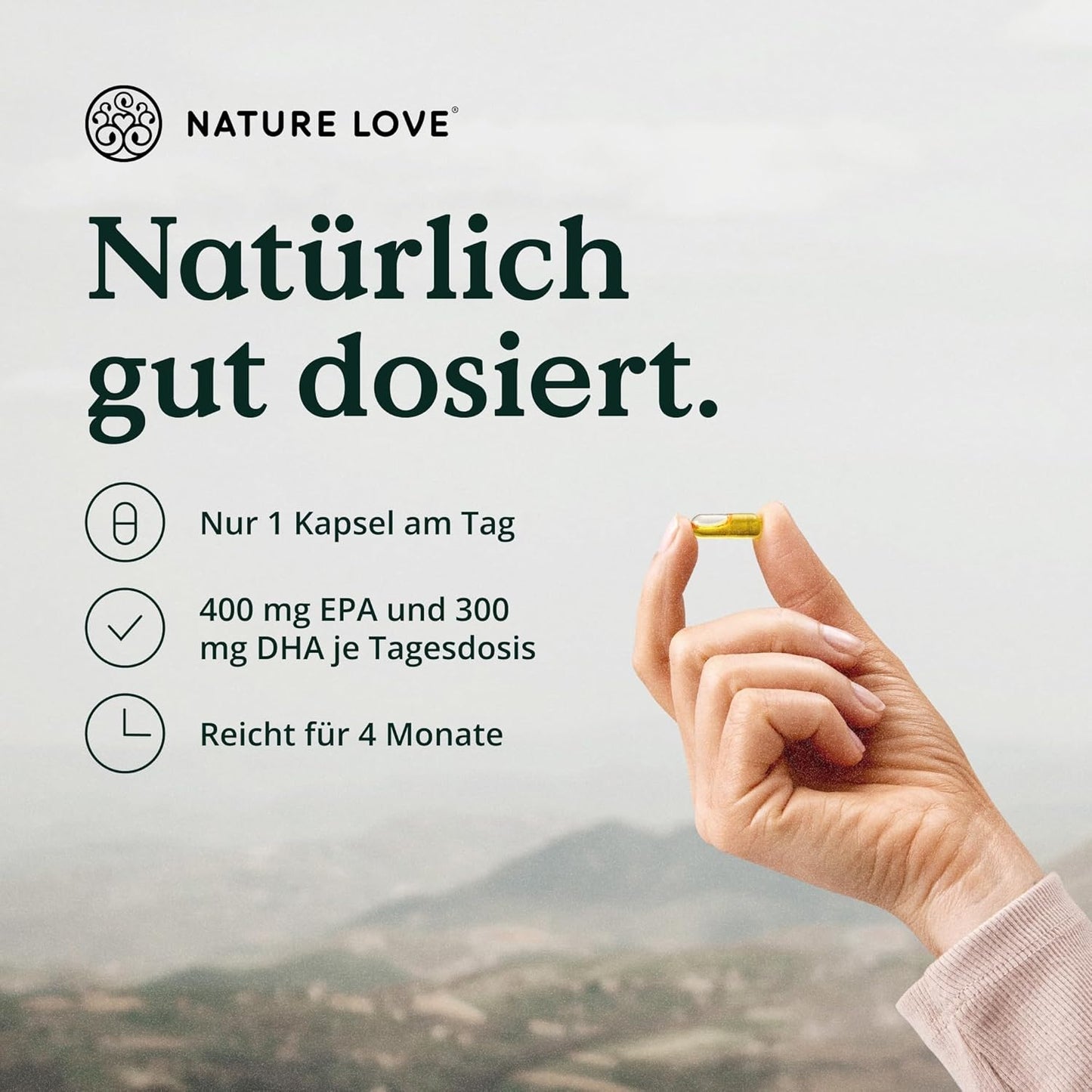 Nature Love Premium Omega 3 NEU - 120 Kapseln - 1000mg Fischöl pro Kapsel mit 80% Omega 3 Anteil (EPA & DHA) - Hochdosiert und hoch bioverfübar durch Triglycerid-Form - aus nachhaltigem Fischfang