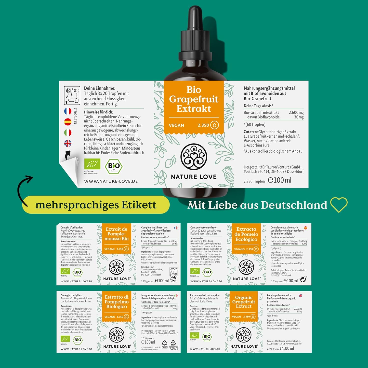 NATURE LOVE® Bio Grapefruitextrakt - 1200mg Bioflavonoide / 100ml - Laborgeprüft und Bio zertifiziert - Grapefruit Extrakt aus Kern und Schale - Hochdosiert, vegan und in Deutschland produziert