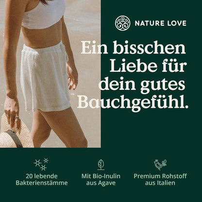NATURE LOVE® Probiona PLUS - 120 Mrd KBE je Tagesdosis (hochdosiert) - 20 Bakterienstämme + Bio Inulin - 60 magensaftresistente Kapseln - vegan, entwickelt in Deutschland, Markenrohstoff aus Italien