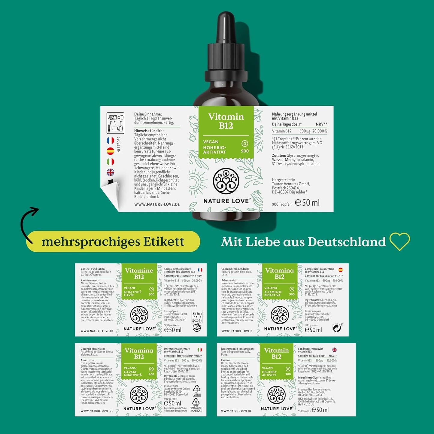 NATURE LOVE® Vitamin B12 Tropfen Vegan (900 Tropfen, 50ml flüssig). B12 duo-aktiv: Methyl- & Adenosylcobalamin. Hoch bioverfügbar, laborgeprüft, ohne Zusätze, in Deutschland produziert