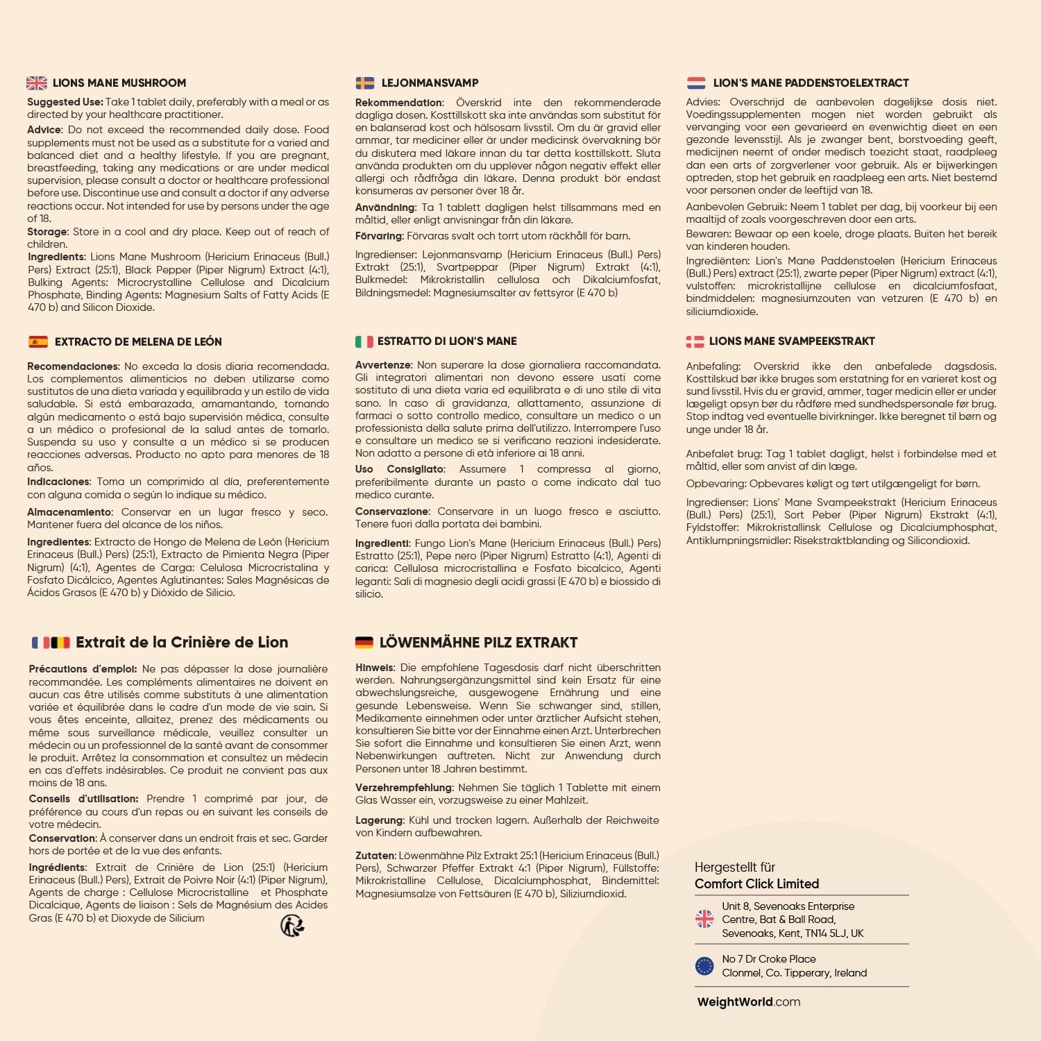 Löwenmähne Pilz 365 Tabletten - 2000mg je Tablette - Lions Mane Mushroom (Hericium Erinaceus) - 25:1 Extrakt mit Schwarzer Pfeffer 30mg - 1 Jahr Vorrat - WeightWorld